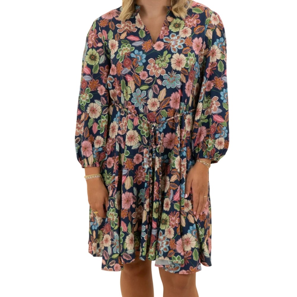 Hermoza Gayle Dress Navy Flora Long Sleeve Floral Mini V-Neck Size L NEW